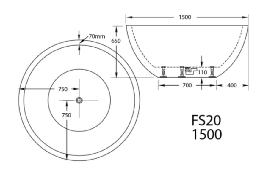 1500*1500*650mm Broadway FS20 White Acrylic Round Freestanding Bathtub