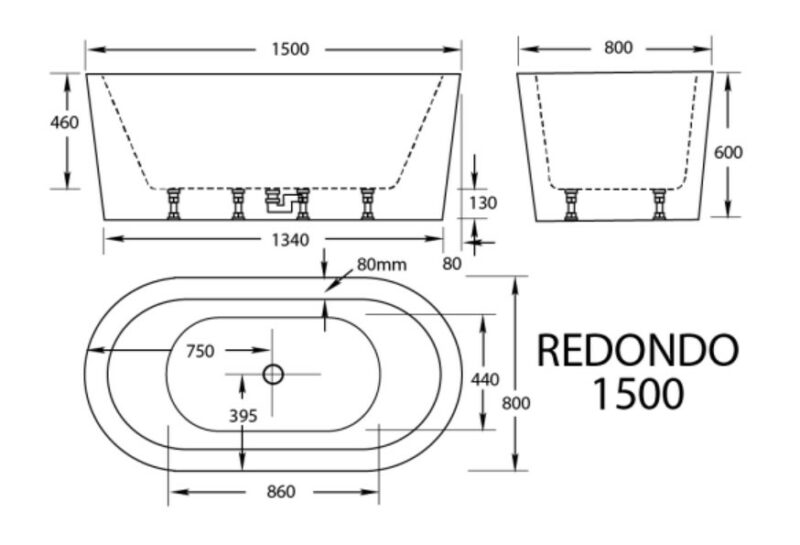 1500-1700*800*600mm Broadway Redondo White/Black Acrylic Oval Freestanding Bathtub