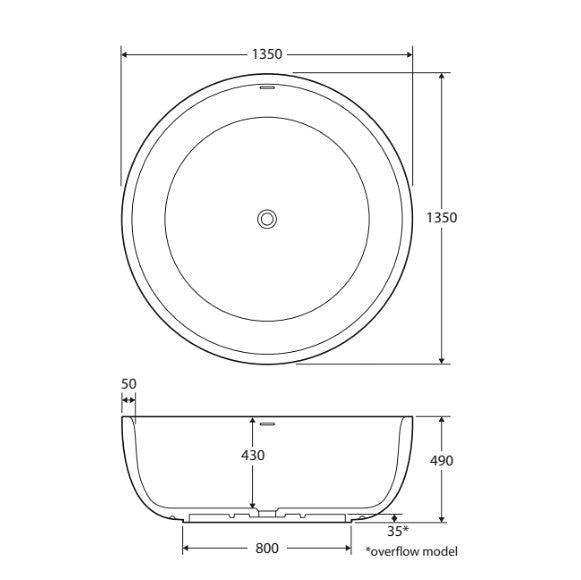 1350*1350*490mm FIE Shinto Round Matte White Cast Stone Solid Surface Freestanding Bathtub With Overflow