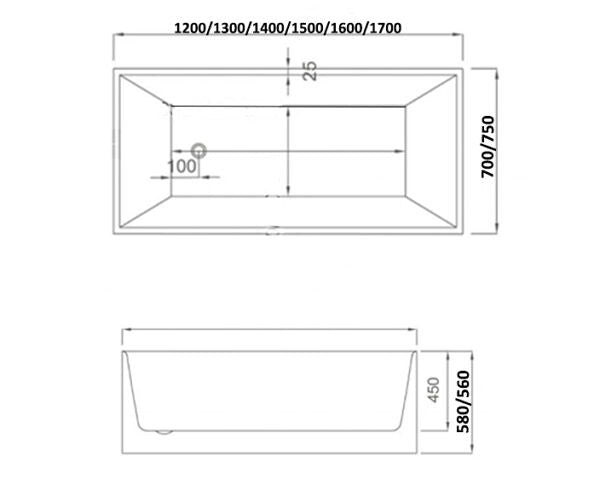 1200-1700*700/750*560/580mm ABS Lotus Gloss White Rectangle Acrylic Freestanding Bathtub