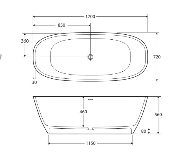 1700*720*560mm FIE Marissa Matt White Oval Cast Stone Solid Surface Freestanding Bathtub With Overflow