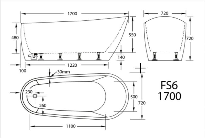 1500-1700*800/720*720mm Broadway FS6 White/Black Acrylic Freestanding Bathtub