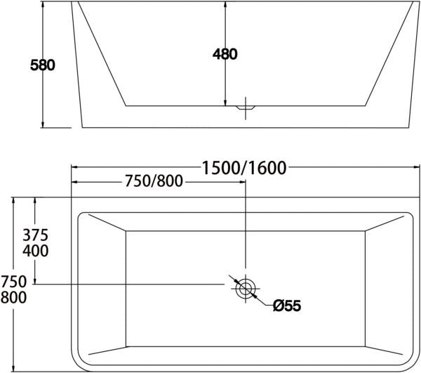 1500/1600*750/800*580mm ABS Mandy Gloss White Rectangle Acrylic Back To Wall Bathtub