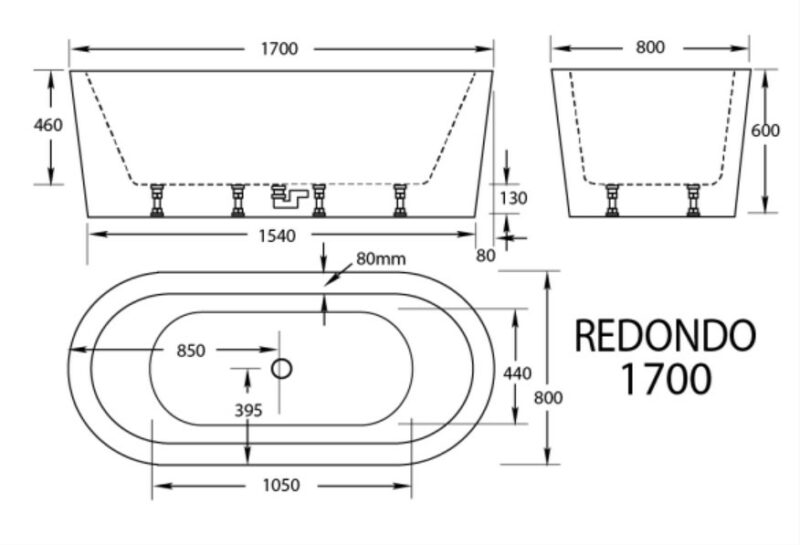 1500-1700*800*600mm Broadway Redondo White/Black Acrylic Oval Freestanding Bathtub