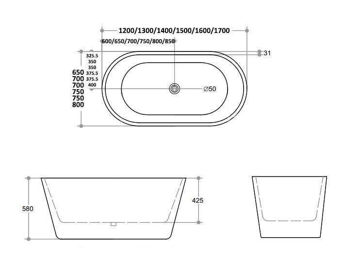 1200-1700*650-800*580mm ABS Shanty Gloss White Oval Acrylic Freestanding Bathtub