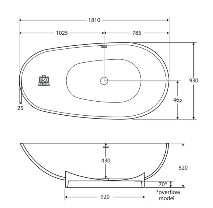 1810*930*520mm FIE Lagoona Matt White Oval Cast Stone Solid Surface Freestanding Bathtub With Overflow