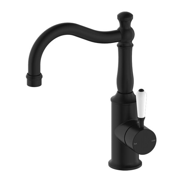 Nero York Basin Mixer Hook Spout With White Porcelain Lever Chrome/Matte Black/Aged Brass