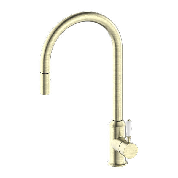 Nero York Pull Out Sink Mixer With Vegie Spray Function With White Porcelain Lever Chrome/Matte Black/Aged Brass