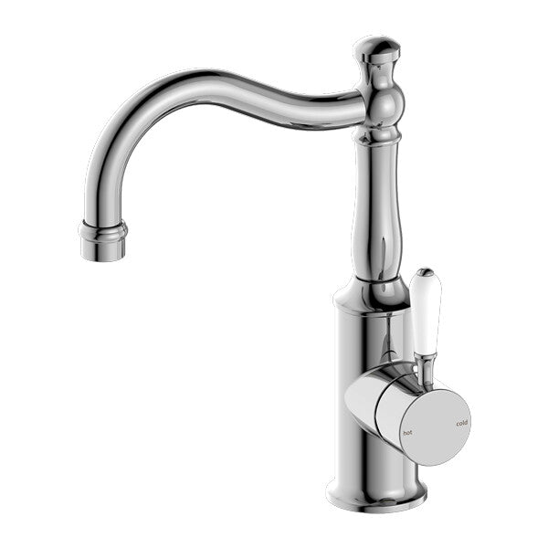 Nero York Basin Mixer Hook Spout With White Porcelain Lever Chrome/Matte Black/Aged Brass