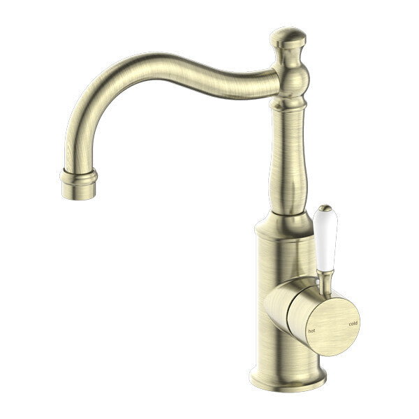 Nero York Basin Mixer Hook Spout With White Porcelain Lever Chrome/Matte Black/Aged Brass