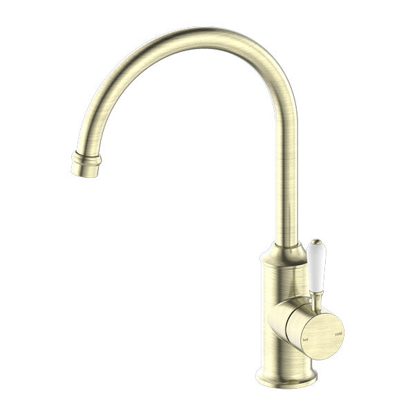 Nero York Kitchen Mixer Gooseneck Spout With White Porcelain Lever Chrome/Matte Black/Aged Brass