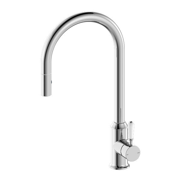 Nero York Pull Out Sink Mixer With Vegie Spray Function With White Porcelain Lever Chrome/Matte Black/Aged Brass