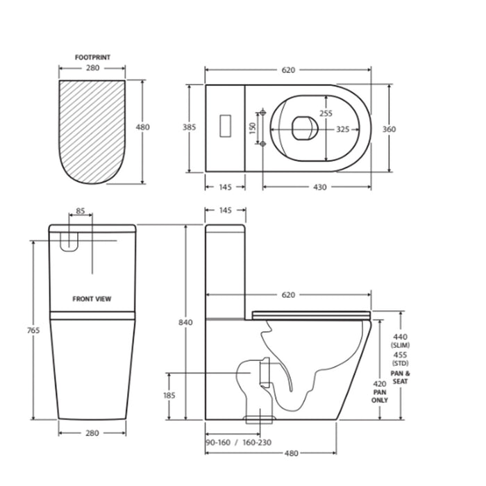 620*385*840mm Fienza Aluca Gloss White Tornado Soft Close Seat Back To Wall Toilet