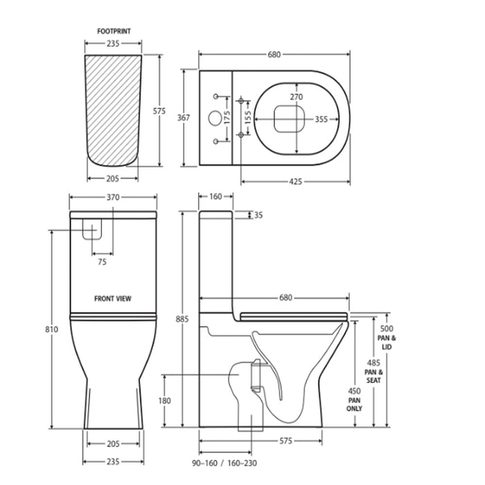 680*370*885mm Fienza Delta Gloss White Rimless Back to Wall Toilet