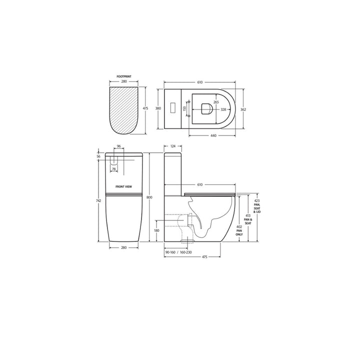 610*380*800mm Fienza Hana Gloss White Rimless Ceramic Back to Wall Toilet