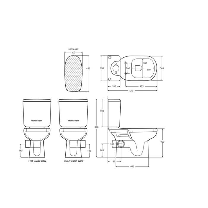 670*390*810mm Fienza RAK Liwa White Left Skew Trap Close-Coupled Toilet