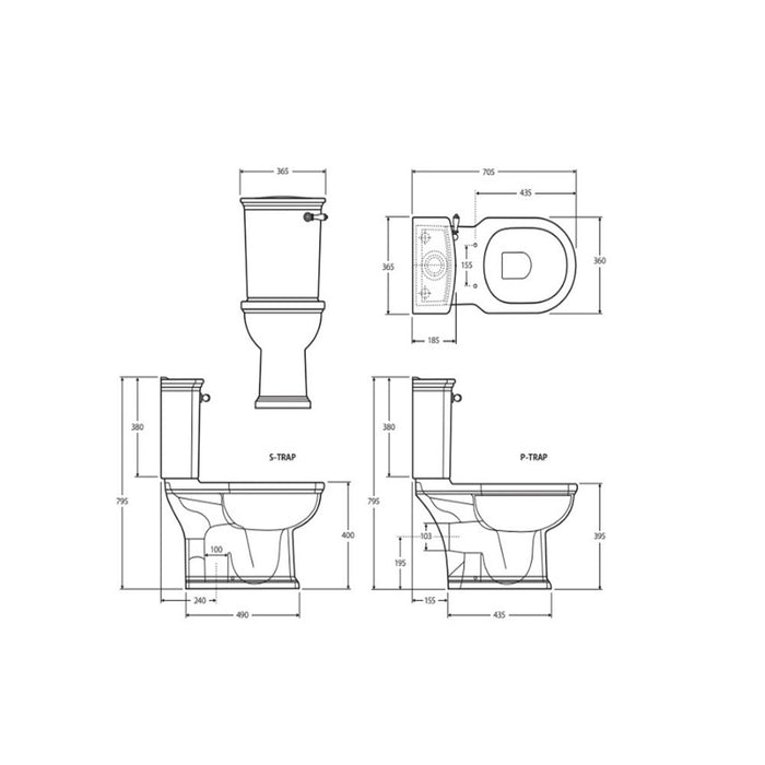 705*365*795mm Fienza Washington Front Lever Alpine White P-Trap Rimless Close-Coupled Toilet