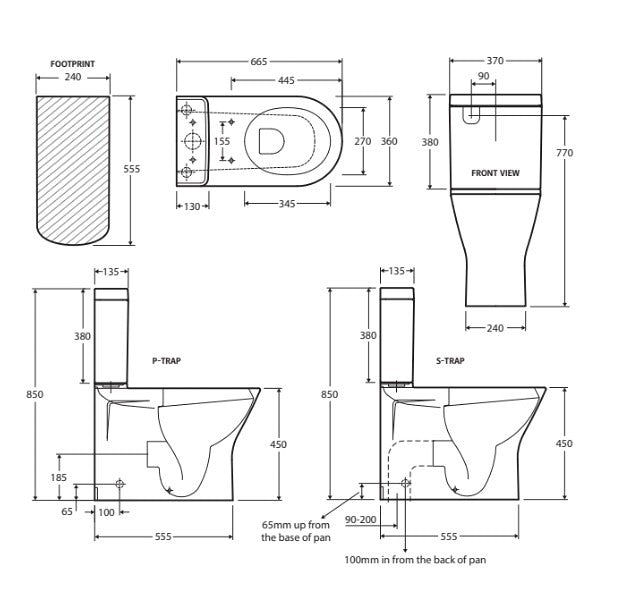 665*370*850mm Fienza RAK Resort Rimless Gloss White Ceramic Bottom Inlet Back To Wall Toilet