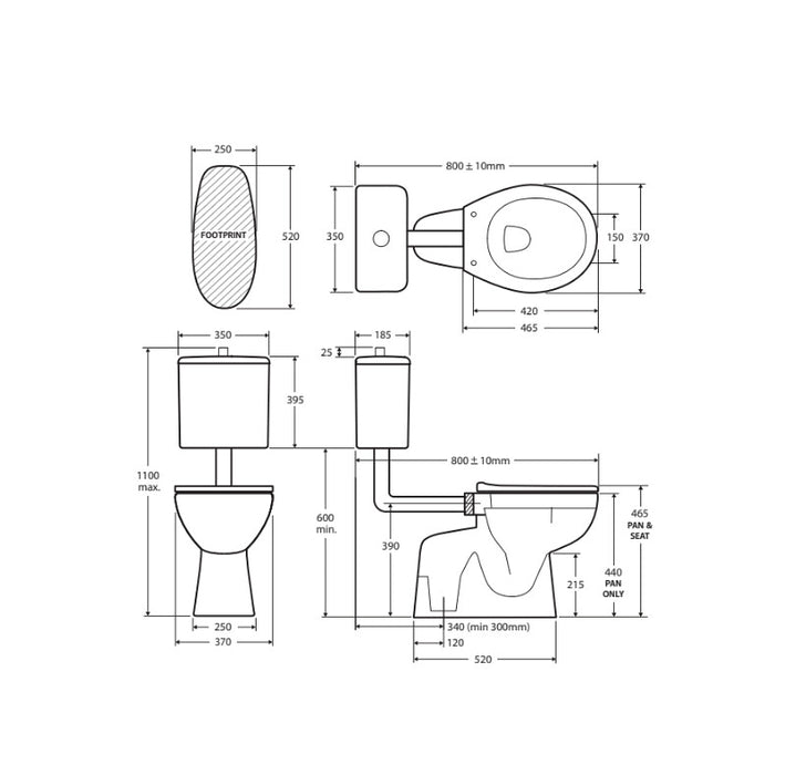 800*370*1100mm Fienza Stella Gloss White Ceramic Adjustable Link Toilet