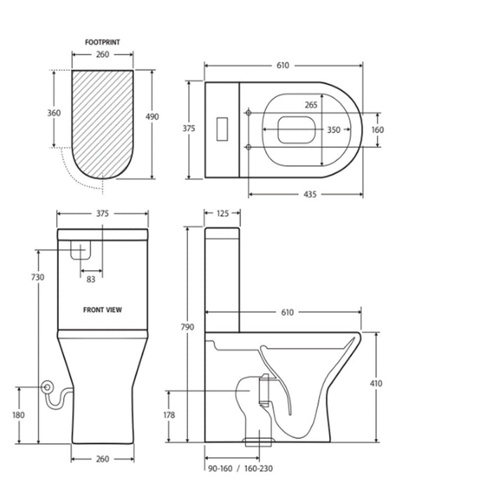 610*375*790mm Fienza Escola Gloss White Rimless Back to Wall Toilet