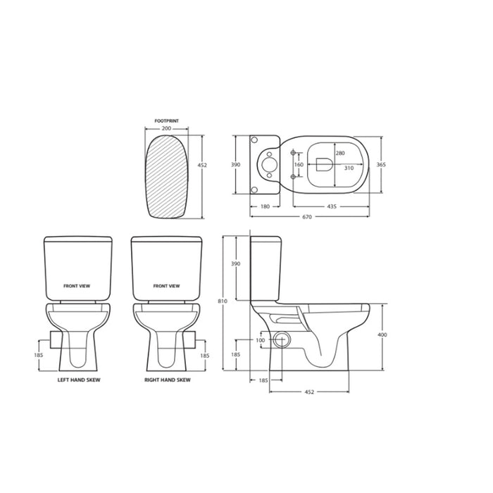 670*390*810mm Fienza RAK Liwa White Right Skew Trap Close-Coupled Toilet