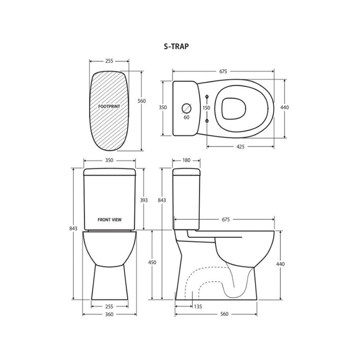 675*360*843mm Fienza Stella Gloss White Rimless S-TRAP Close-Coupled Toilet