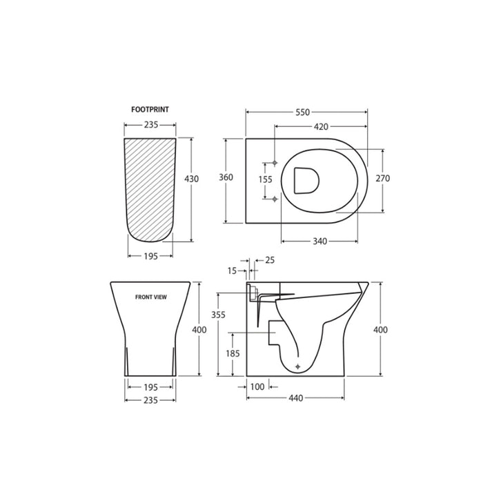 550*360*400mm Fienza RAK Resort Rimless Gloss White Wall-Faced Toilet