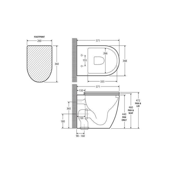 571*368*465mm Fienza Alix Ambulant Gloss White  Rimless Wall-Faced Toilet