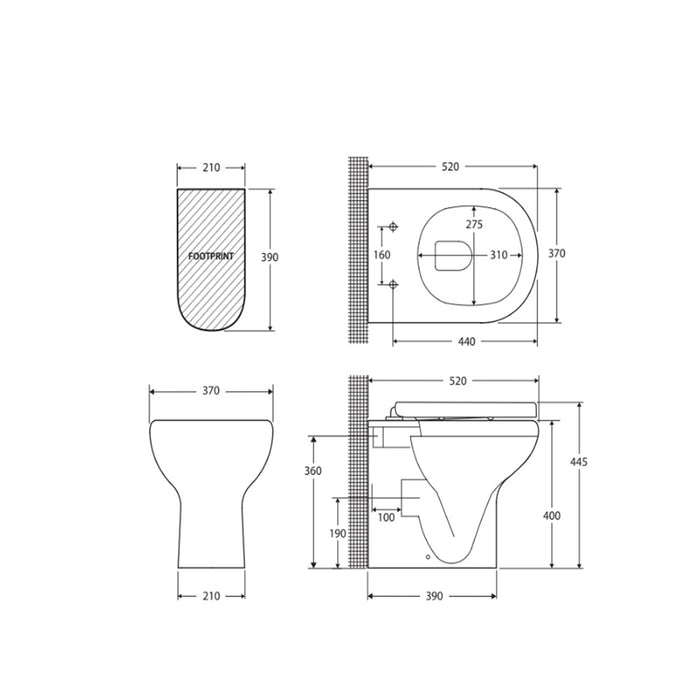 520*370*445mm Fienza RAK Compact Gloss White Rimless Wall-Faced Toilet