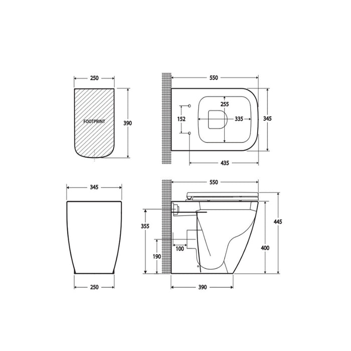 550*345*445mm Fienza RAK Caroline Gloss White Rimless Wall-Faced Toilet