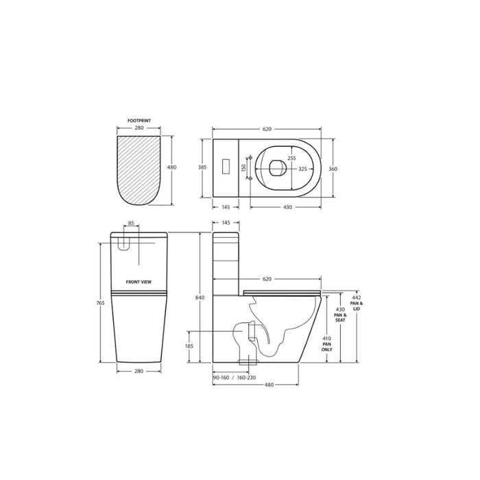 620*385*840mm Fienza Isabella Gloss White Ceramic Rimless Slim Seat Back To Wall Toilet