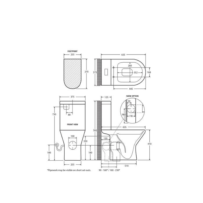 635*375*785mm Fienza Chica Gloss White Rimless Close-Coupled Toilet