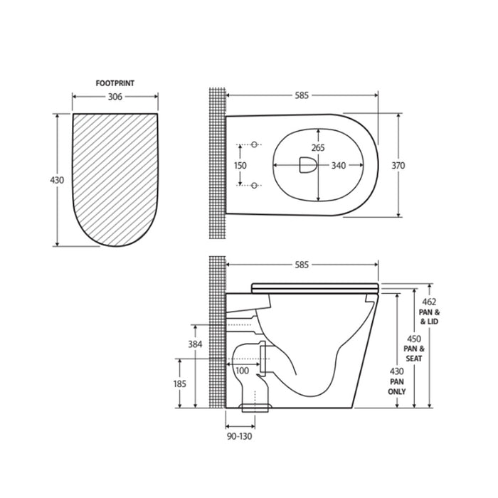 585*370*462mm Fienza Aluca Gloss White Tornado Wall-Faced Toilet