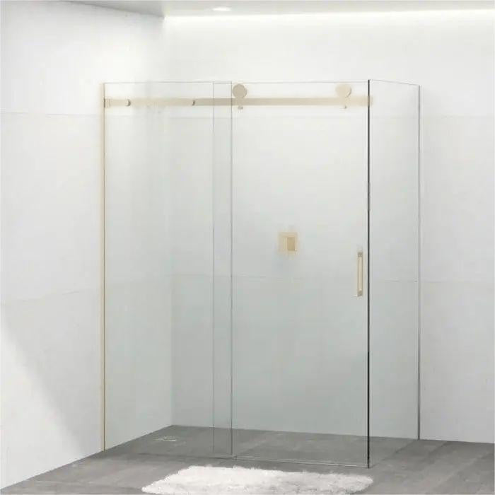 1180-2000x2000mm L Shape Sliding Frameless Light Gold Square Rail Handle 10mm Glass Shower Screens