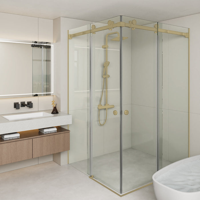 870-1300x2000mm Double Sliding Frameless Light Gold Stainless Steel Square Handle 10mm Glass Shower Screens