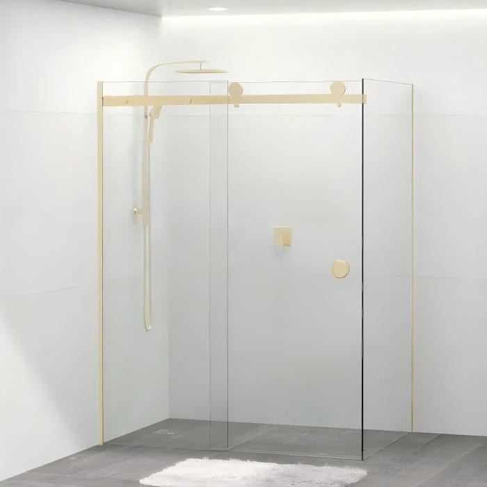 870-1180x2000mm Sliding L Shape Frameless Light Gold SS304 Square Rail 10mm Glass Embedded Circle Handle Shower Screens