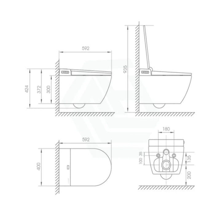 590*400*500mm AUL Autolux Rimless Gloss White Ceramic Smart Wall Floor Toilet