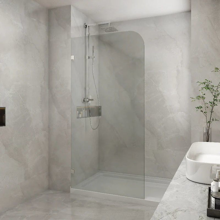 800-1200mm 10mm Tempered Toughen Glass Standard Height 2100mm Covey Brushed Nickel Frameless Clear Glass Single panel with top outside corner curved Shower Screens