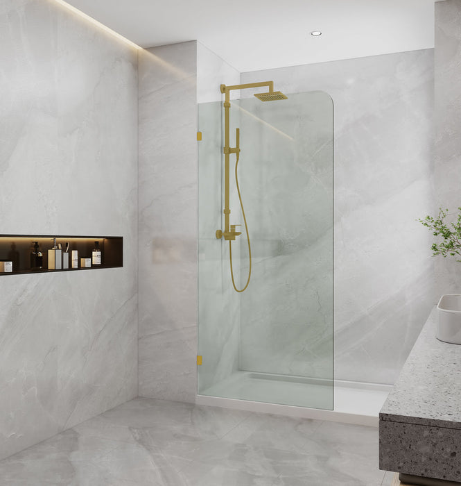 800-1200mm 10mm Tempered Toughen Glass Standard Height 2100mm Covey Brushed Gold Frameless Clear Glass Single panel with top outside corner curved Shower Screens