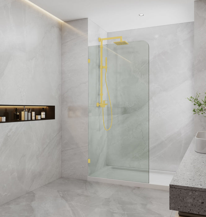 800-1200mm 10mm Tempered Toughen Glass Standard Height 2100mm Covey Light Gold Frameless Clear Glass Single panel with top outside corner curved Shower Screens