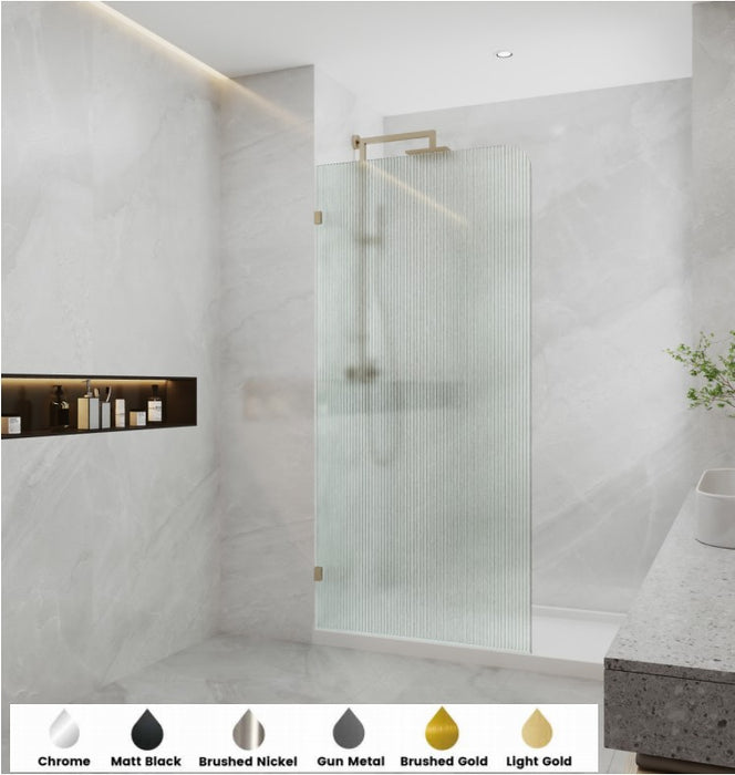 800-1200mm 10mm Tempered Toughen Glass Standard Height 2100mm Covey Chrome Frameless Fluted/Narrowline Glass Single Panel With Top Outside Corner Curved Shower Screens