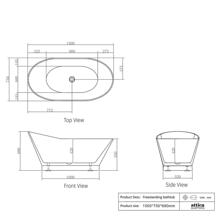 1500/1700*750/800*680mm OTTI London Gloss White Special Shape Curved Acrylic Freestanding Bathtub