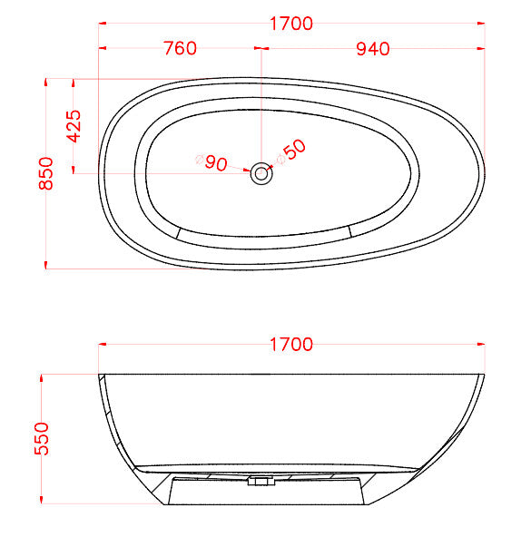 1500/1700*860/760*540mm ABS Riva Petii Oval Solid Surface Transparent Freestanding Bathtub