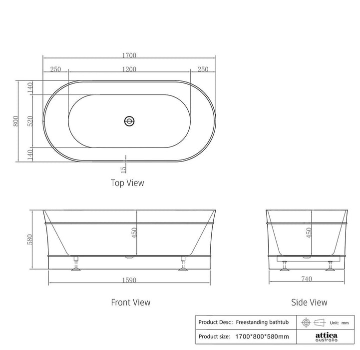 1500/1700*750/800*580mm OTTI Bondi Matt/Gloss White Oval Acrylic Freestanding Bathtub