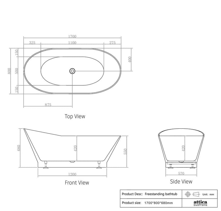 1500/1700*750/800*680mm OTTI London Gloss White Special Shape Curved Acrylic Freestanding Bathtub