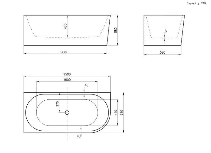 1500/1700*750/800*595mm INS ICBT Gloss White Oval Acrylic Freestanding Corner Back to Wall Bathtub