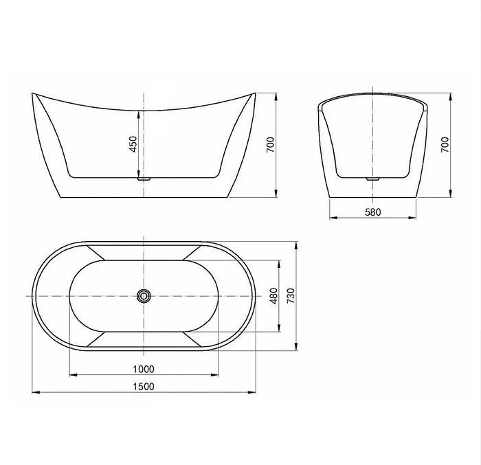 1500/1700*750/800*720mm INS VIVA Gloss White Special Shape HighBack Acrylic Freestanding Bathtub