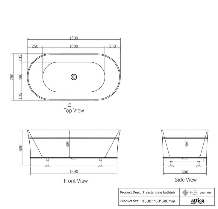 1500/1700*750/800*580mm OTTI Bondi Matt/Gloss White Oval Acrylic Freestanding Bathtub