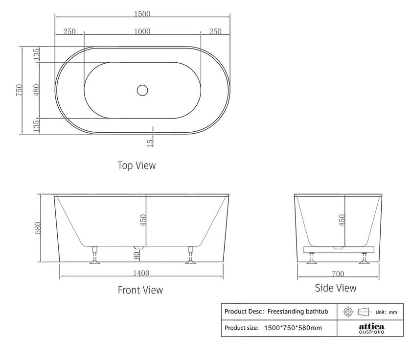 1500/1700*750/800*580mm OTTI Noosa Gloss/Matt White Oval Acrylic Freestanding Bathtub