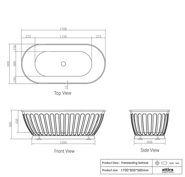 1500/1700*750/800*580mm OTTI Kensington Gloss/Matt White Oval Acrylic Freestanding Bathtub